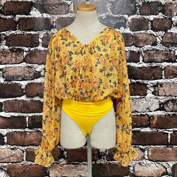 Tularosa Bodysuit Women's X Small XS Yellow Floral Long Sleeve Metallic - Picture 5 of 15